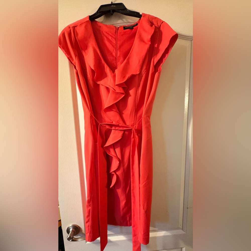 Sharagano Red Ruffled Sheath Midi Dress